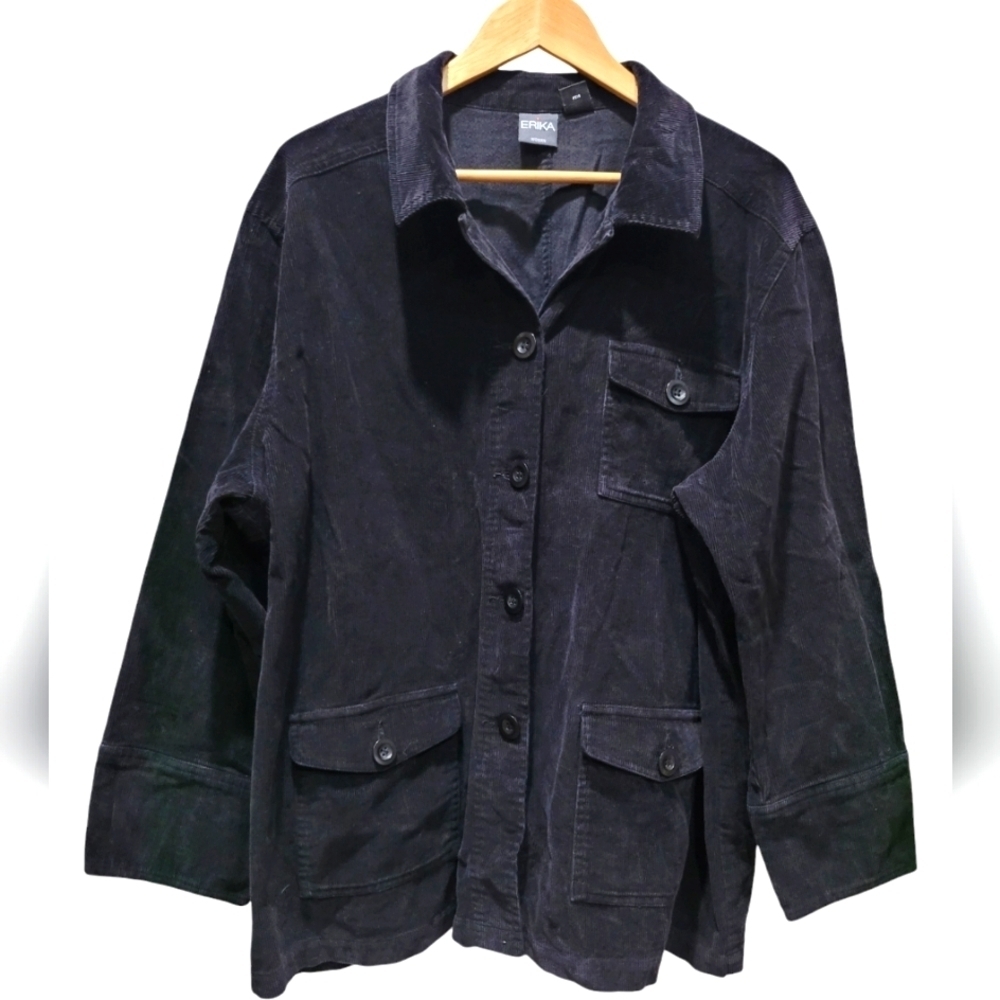 2X ERIKA 100% Cotton Black Blazer Corduroy Button Down 3 Pockets